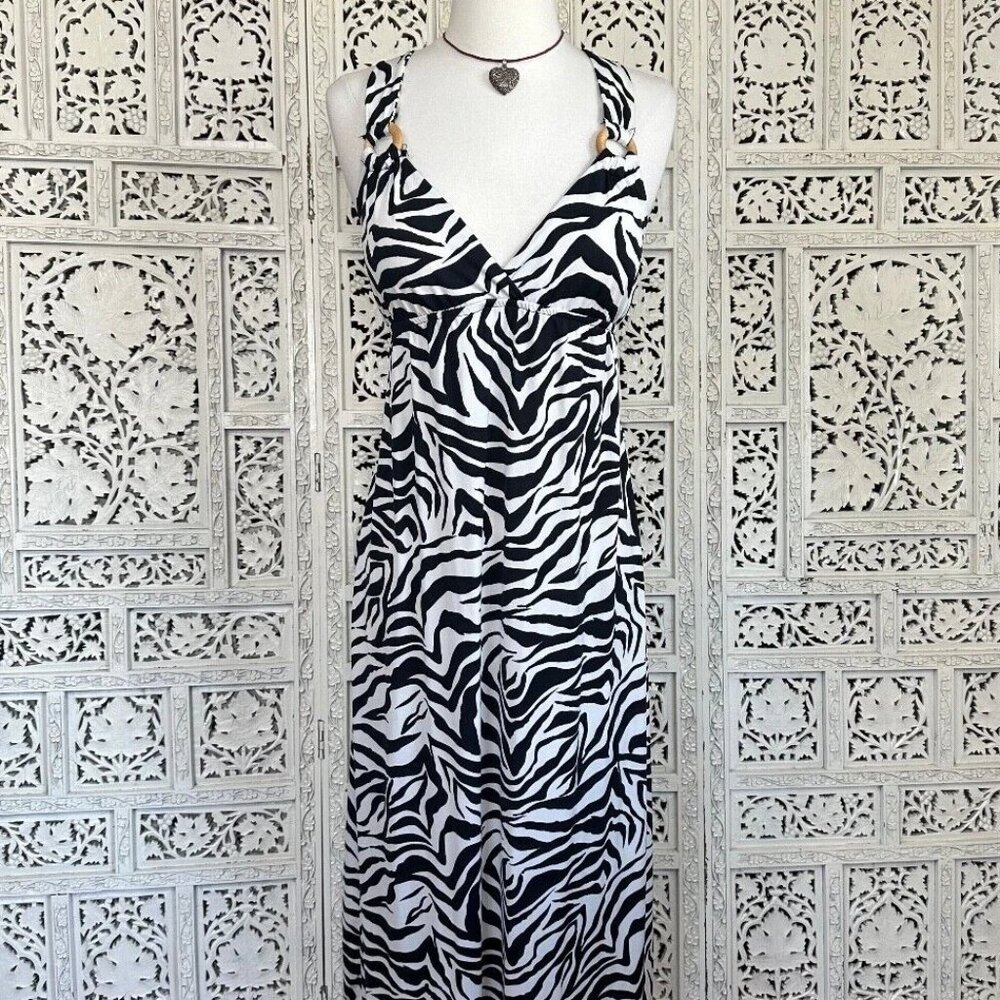 Vintage Zebra Print Faux Wrap V Neck Sleeveless Maxi Dress